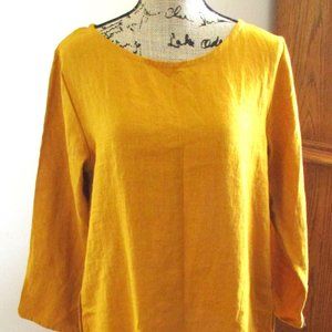 Meetro Linen Womens Long Sleeve Linen Lagenlook Sheath Dress Pockets Gold Size M